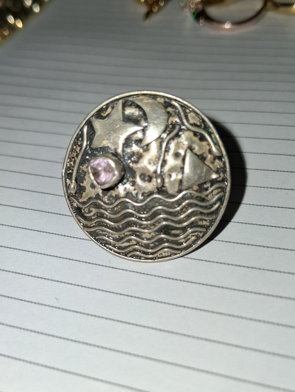 Silver Nautical Moon & Star Round Pin with Pink Gem